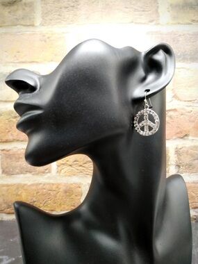 Rhinestone Peace Sign Drop Earrings - Silver